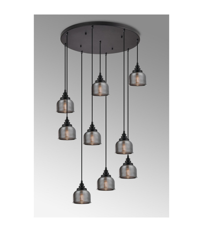 DeRuyter 9 Light Round Pendant E27 Satin Black/Prismatic Dome Glass Smoke-3