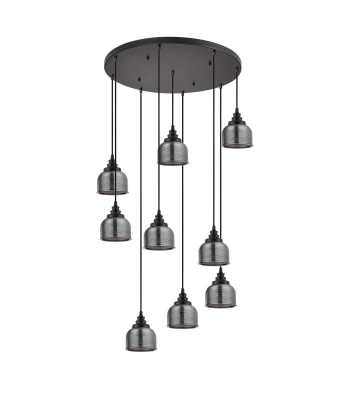 DeRuyter 9 Light Round Pendant E27 Satin Black/Prismatic Dome Glass Smoke-4