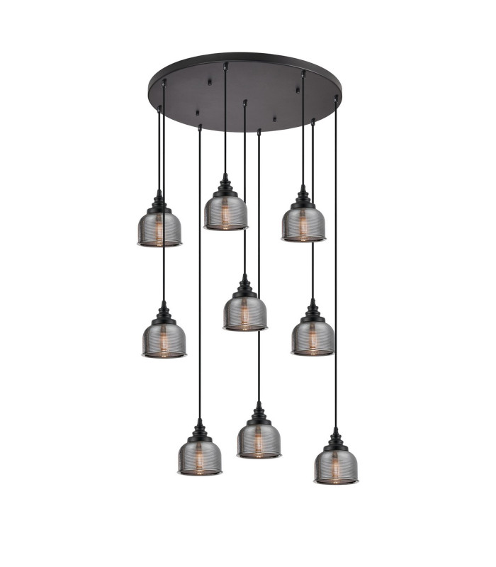 DeRuyter 9 Light Round Pendant E27 Satin Black/Prismatic Dome Glass Smoke-5