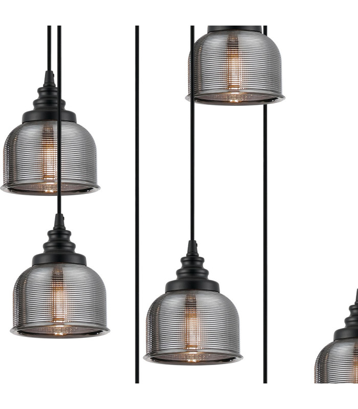 DeRuyter 9 Light Round Pendant E27 Satin Black/Prismatic Dome Glass Smoke-7