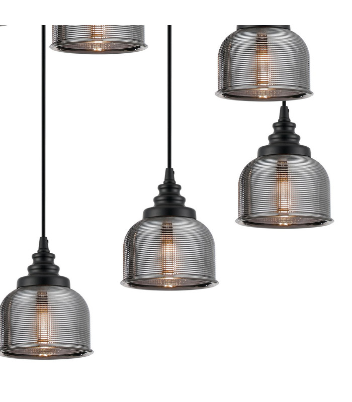DeRuyter 9 Light Round Pendant E27 Satin Black/Prismatic Dome Glass Smoke-8