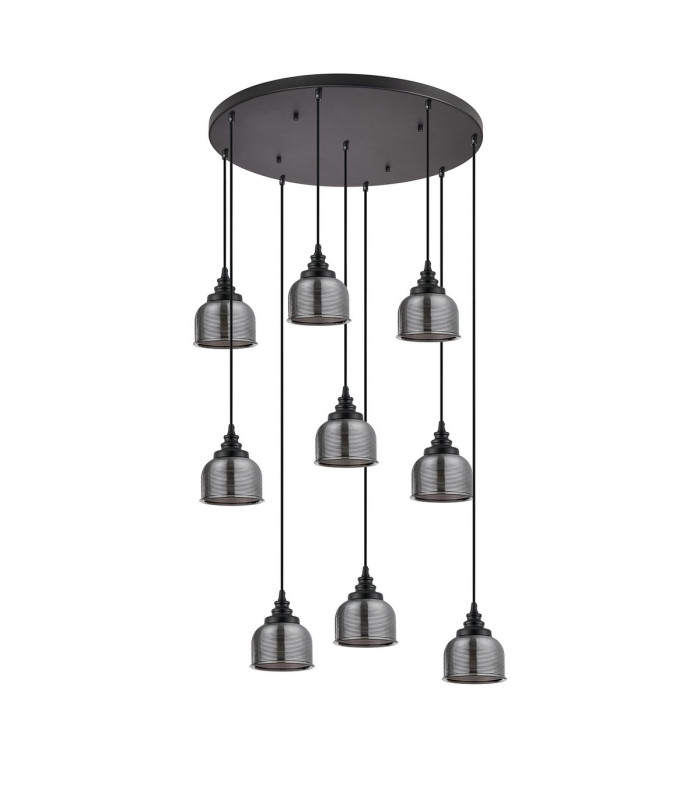 DeRuyter 9 Light Round Pendant E27 Satin Black/Prismatic Dome Glass Smoke-9
