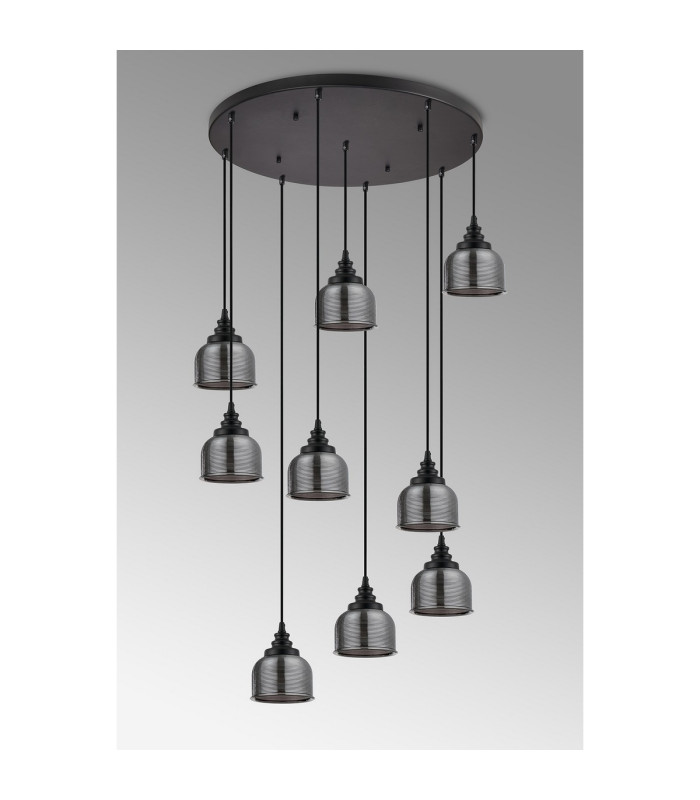 DeRuyter 9 Light Round Pendant E27 Satin Black/Prismatic Dome Glass Smoke-10