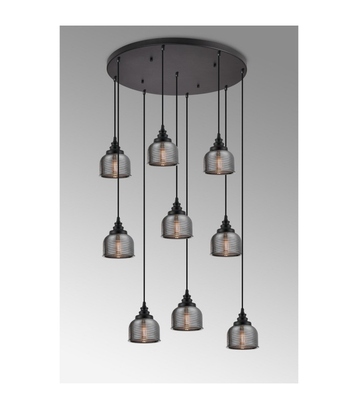 DeRuyter 9 Light Round Pendant E27 Satin Black/Prismatic Dome Glass Smoke-11