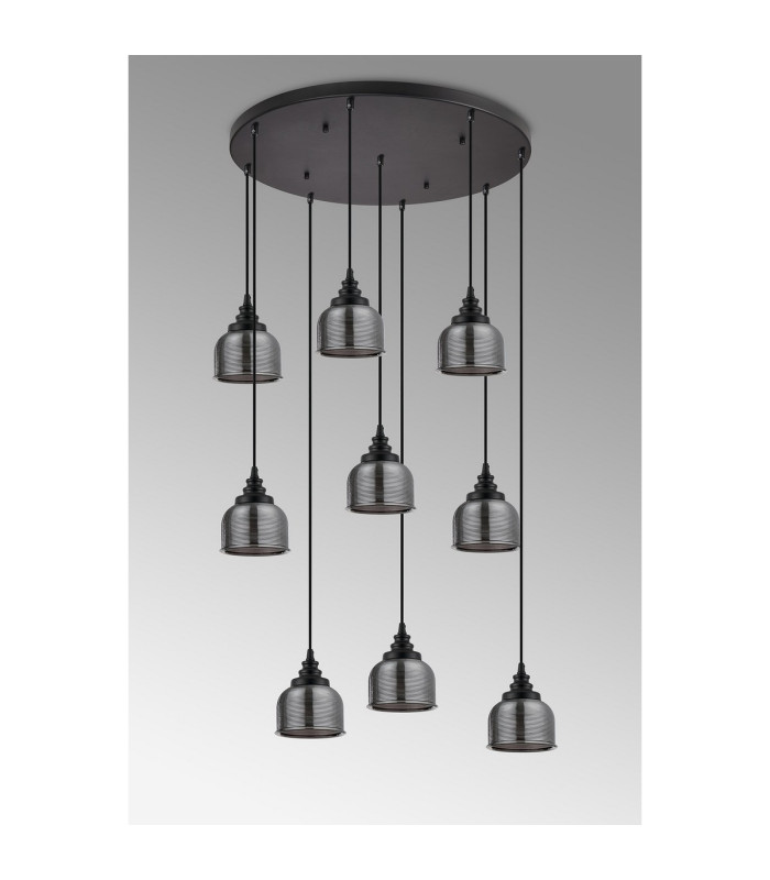 DeRuyter 9 Light Round Pendant E27 Satin Black/Prismatic Dome Glass Smoke-12