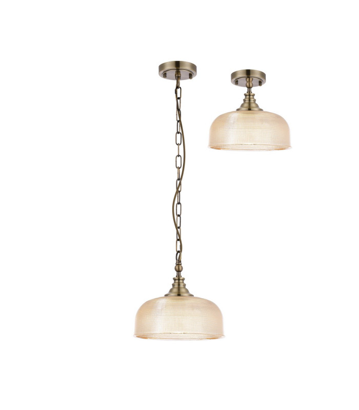 DeRuyter 27cm Flush/Single Pendant 1 Light Adjustable E27 Antique Brass/Amber Glass-4