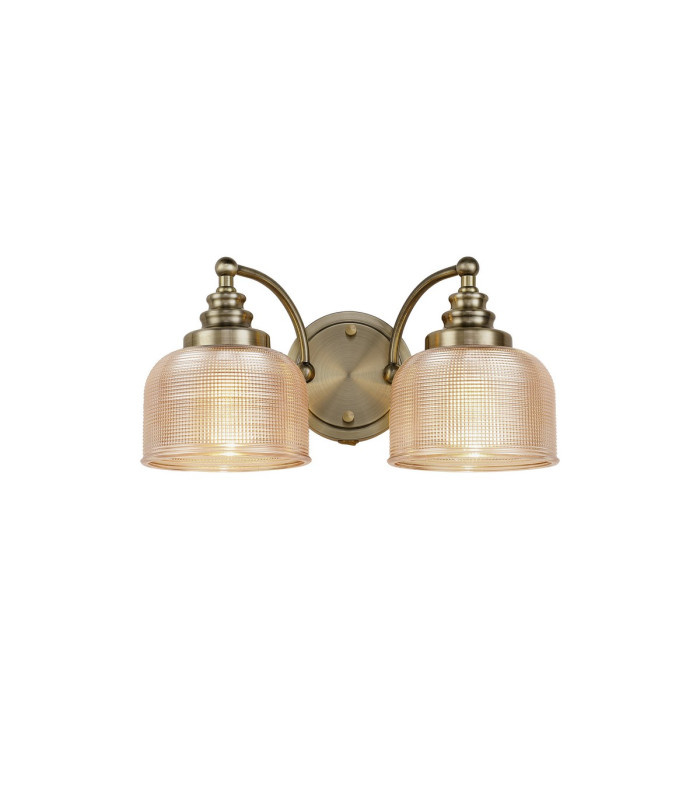 DeRuyter Switched Double Wall Light 2 Light E27 Antique Brass/Amber Glass-1