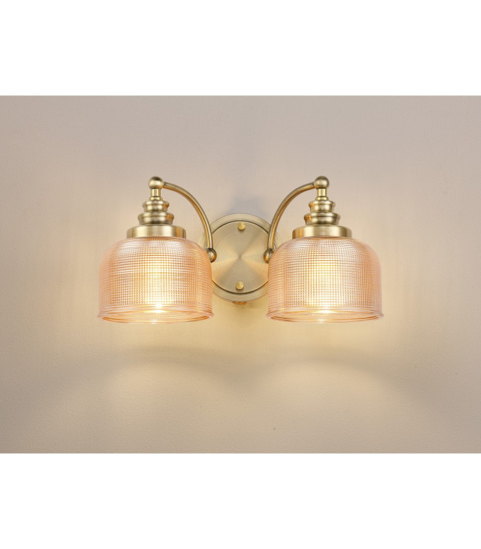 DeRuyter Switched Double Wall Light 2 Light E27 Antique Brass/Amber Glass-3