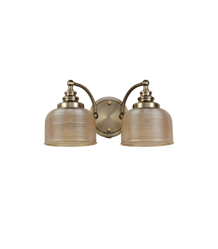 DeRuyter Switched Double Wall Light 2 Light E27 Antique Brass/Amber Glass-4