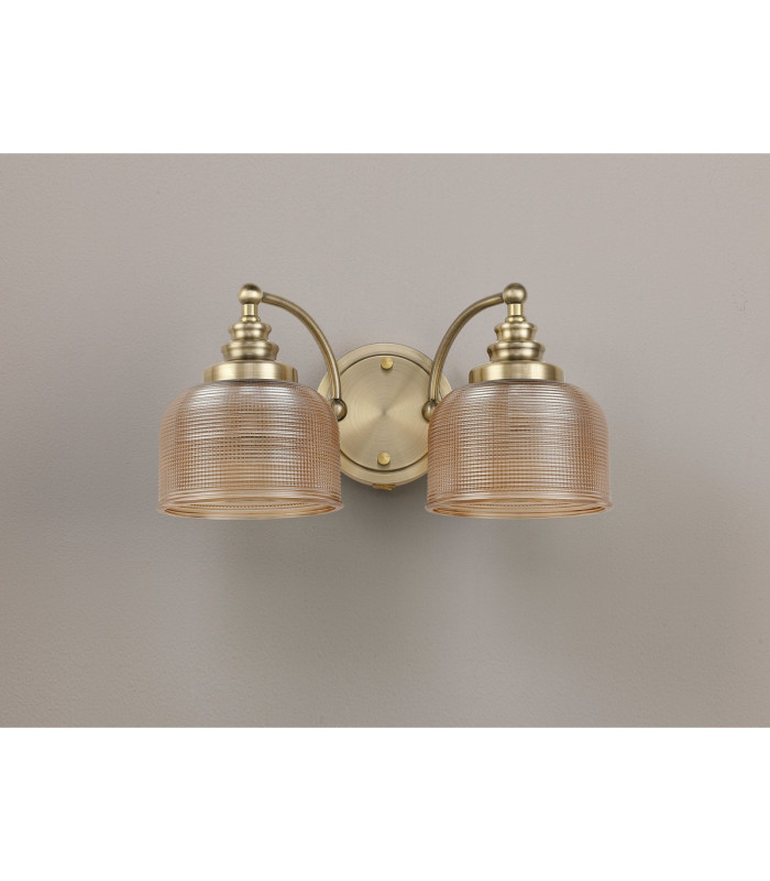 DeRuyter Switched Double Wall Light 2 Light E27 Antique Brass/Amber Glass-8