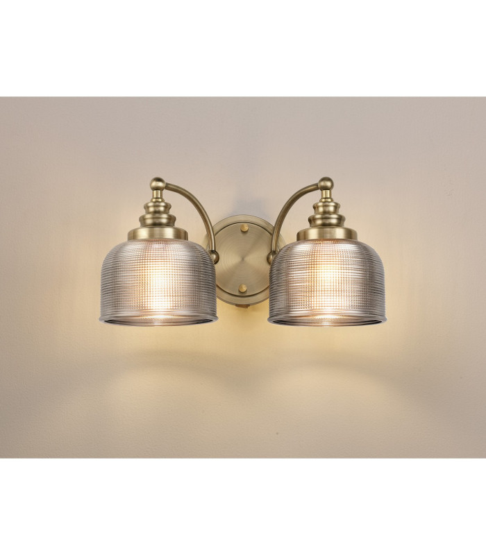 DeRuyter Switched Double Wall Light 2 Light E27 Antique Brass/Smoke Glass-3