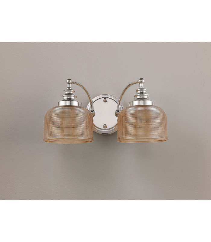 DeRuyter Switched Double Wall Light 2 Light E27 Polished Nickel/Amber Glass-8