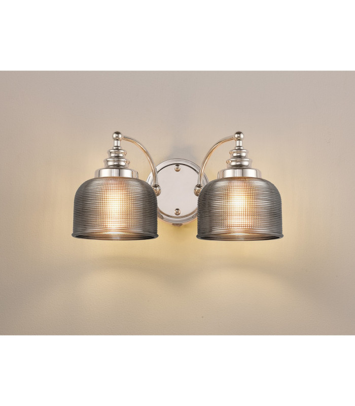 DeRuyter Switched Double Wall Light 2 Light E27 Polished Nickel/Smoke Glass-3