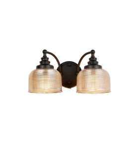 DeRuyter Switched Double Wall Light 2 Light E27 Satin Black/Amber Glass-1