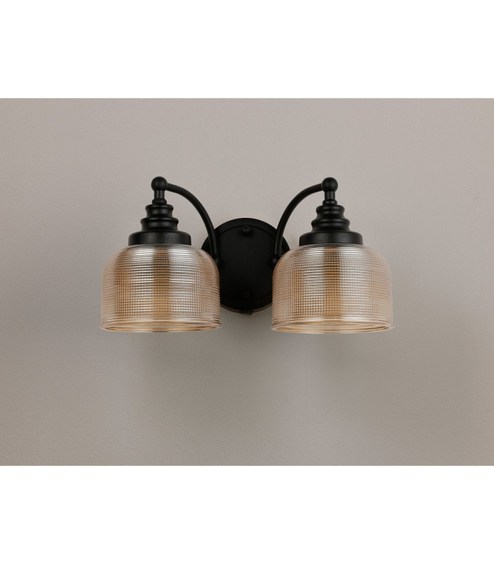 DeRuyter Switched Double Wall Light 2 Light E27 Satin Black/Amber Glass-8