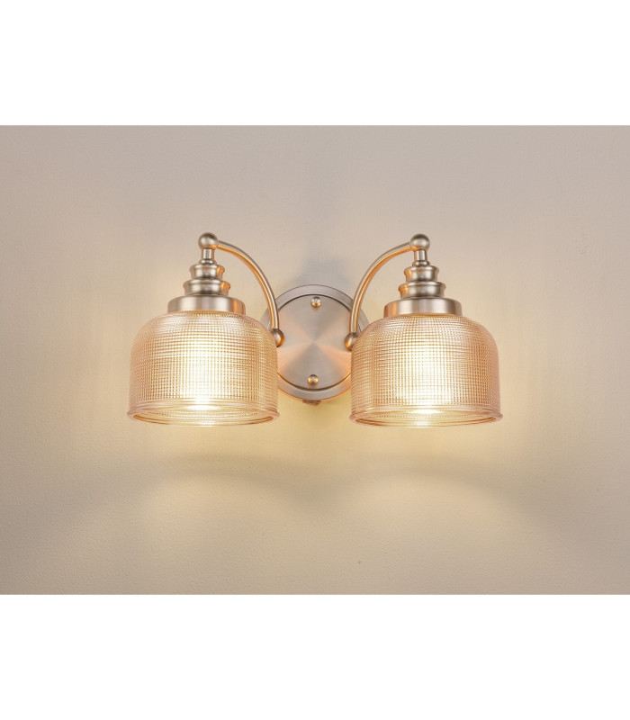 DeRuyter Switched Double Wall Light 2 Light E27 Satin Nickel/Amber Glass-3