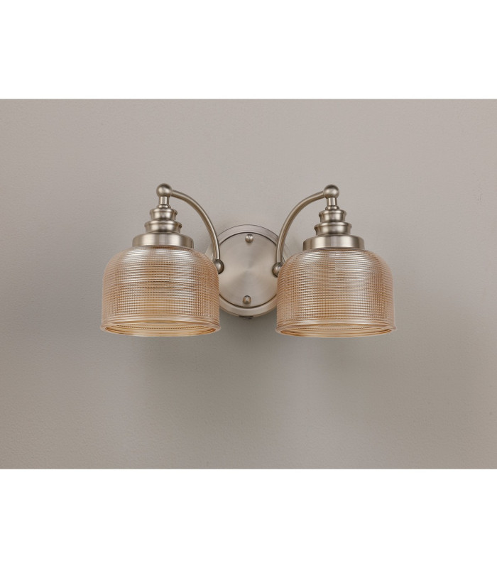 DeRuyter Switched Double Wall Light 2 Light E27 Satin Nickel/Amber Glass-8