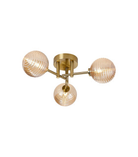 Tivoli 44.5cm Semi Flush Ceiling Round 3 Light G9 IP44 Brass Gold/Amber Ribbed Round Glass-1
