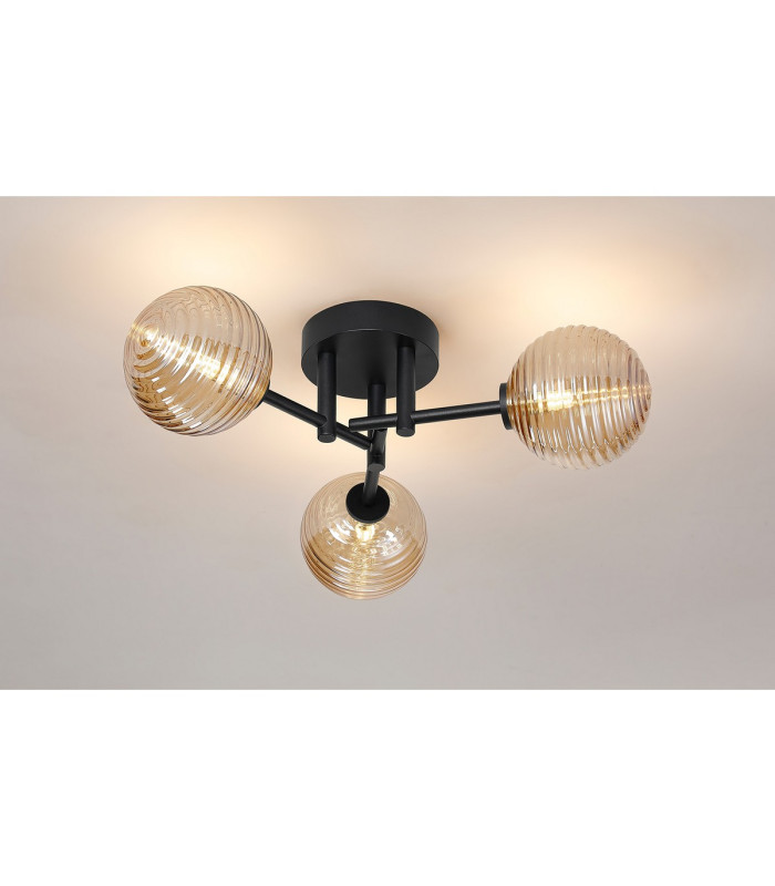 Tivoli 44.5cm Semi Flush Ceiling Round 3 Light G9 IP44 Satin Black/Amber Ribbed Round Glass-3