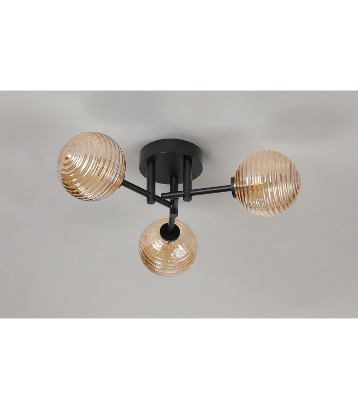 Tivoli 44.5cm Semi Flush Ceiling Round 3 Light G9 IP44 Satin Black/Amber Ribbed Round Glass-8