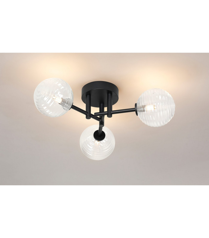 Tivoli 44.5cm Semi Flush Ceiling Round 3 Light G9 IP44 Satin Black/Clear Ribbed Round Glass-3