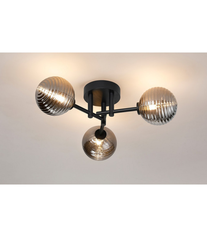 Tivoli 44.5cm Semi Flush Ceiling Round 3 Light G9 IP44 Satin Black/Smoke Ribbed Round Glass-3