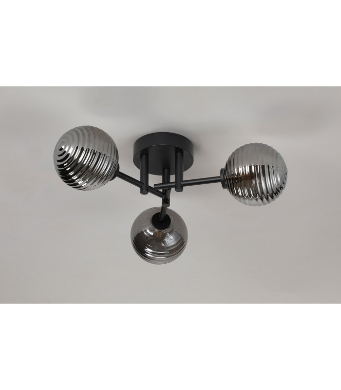 Tivoli 44.5cm Semi Flush Ceiling Round 3 Light G9 IP44 Satin Black/Smoke Ribbed Round Glass-8
