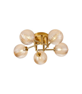 Tivoli 50cm Semi Flush Ceiling Round 5 Light G9 IP44 Brass Gold/Amber Ribbed Round Glass-1