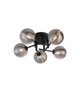 Tivoli 50cm Semi Flush Ceiling Round 5 Light G9 IP44 Satin Black/Smoke Ribbed Round Glass-1