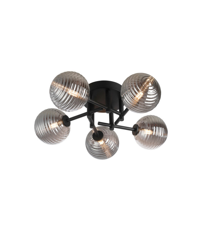 Tivoli 50cm Semi Flush Ceiling Round 5 Light G9 IP44 Satin Black/Smoke Ribbed Round Glass-1