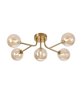 Tivoli Linear Semi Flush Ceiling 5 Light G9 IP44 Brass Gold/Amber Smooth Round Glass-1