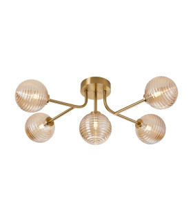 Tivoli Linear Semi Flush Ceiling 5 Light G9 IP44 Brass Gold/Amber Ribbed Round Glass-1