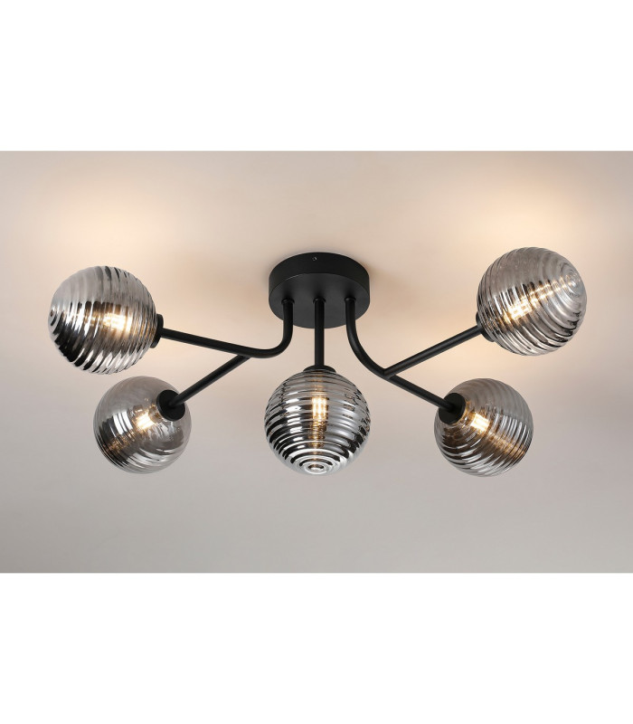 Tivoli Linear Semi Flush Ceiling 5 Light G9 IP44 Satin Black/Smoke Ribbed Round Glass-3