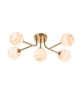 Tivoli Linear Semi Flush Ceiling 5 Light G9 IP44 Brass Gold/Brown Round Marble Effect Glass-1