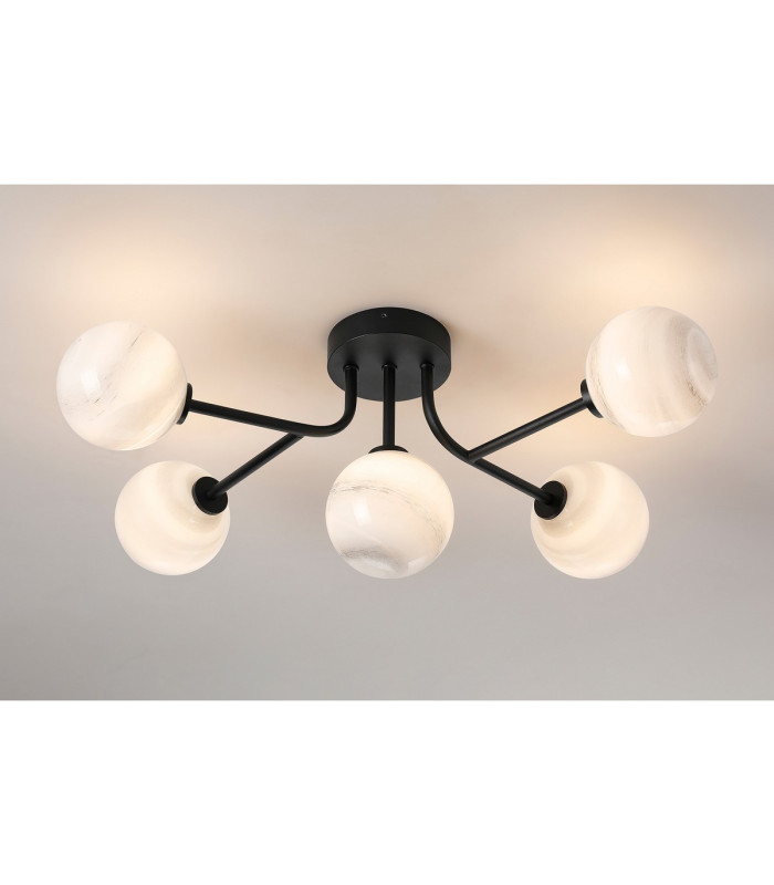 Tivoli Linear Semi Flush Ceiling 5 Light G9 IP44 Satin Black/Grey Round Marble Effect Glass-3