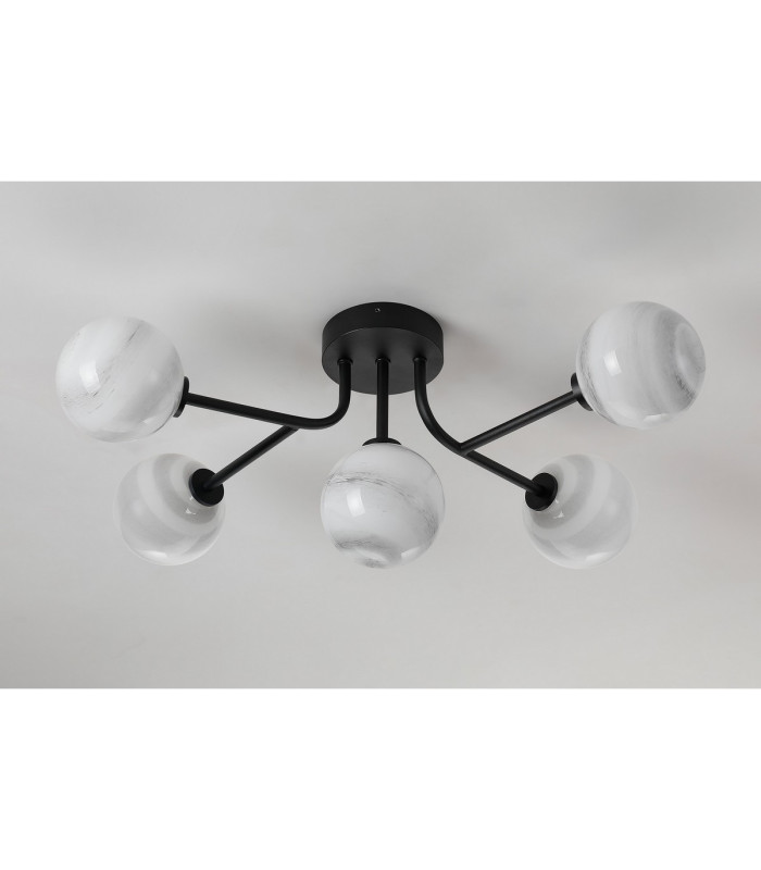 Tivoli Linear Semi Flush Ceiling 5 Light G9 IP44 Satin Black/Grey Round Marble Effect Glass-8