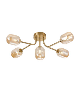 Tivoli Linear Semi Flush Ceiling 5 Light G9 IP44 Brass Gold/Amber Smooth Tubular Glass-1