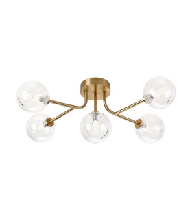 Tivoli Linear Semi Flush Ceiling 5 Light G9 IP44 Brass Gold/Clear Waved Round Glass-1