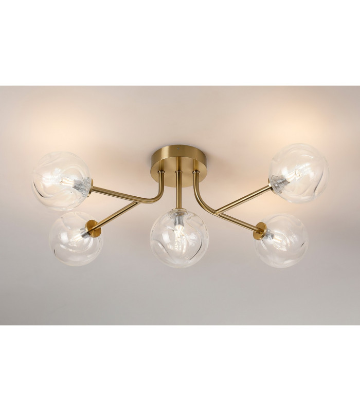 Tivoli Linear Semi Flush Ceiling 5 Light G9 IP44 Brass Gold/Clear Waved Round Glass-3