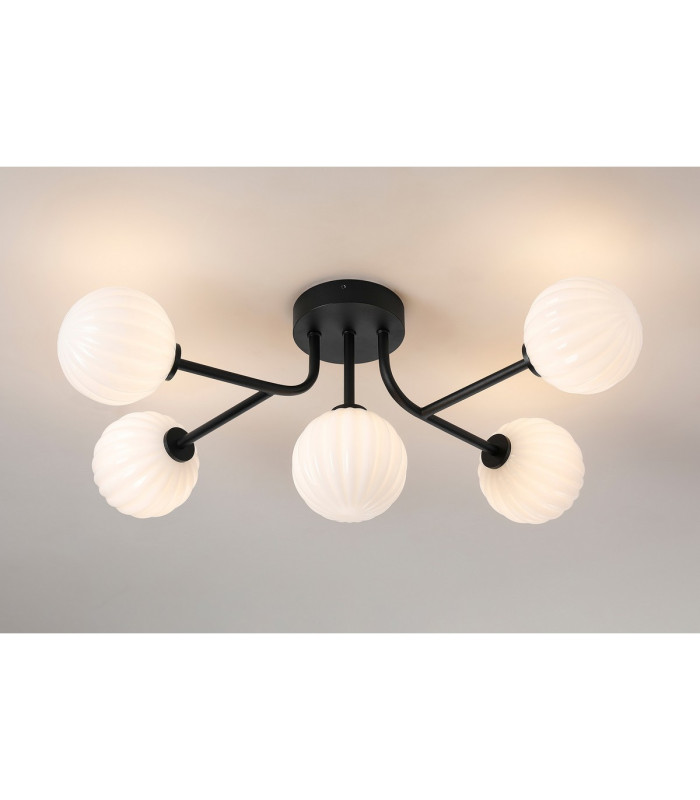 Tivoli Linear Semi Flush Ceiling 5 Light G9 IP44 Satin Black/Opal Round Segment Glass-3