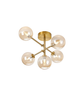Tivoli Semi Flush Ceiling Tiered Adjustable Arms 5 Light G9 IP44 Brass Gold/Amber Smooth Round Glass-1
