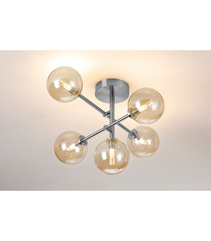 Tivoli Semi Flush Ceiling Tiered Adjustable Arms 5 Light G9 IP44 Polished Chrome/Amber Smooth Round Glass-3