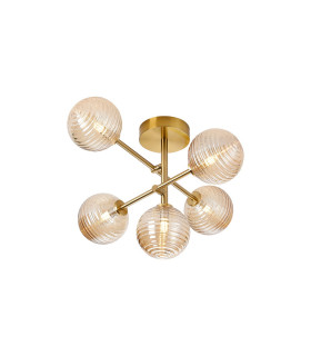 Tivoli Semi Flush Ceiling Tiered Adjustable Arms 5 Light G9 IP44 Brass Gold/Amber Ribbed Round Glass-1