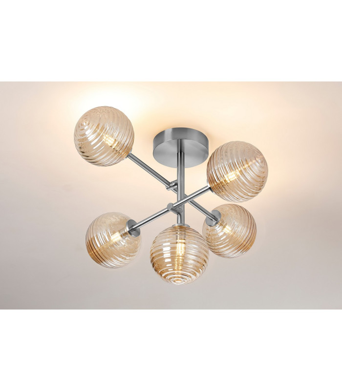 Tivoli Semi Flush Ceiling Tiered Adjustable Arms 5 Light G9 IP44 Polished Chrome/Amber Ribbed Round Glass-3