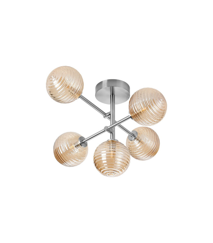 Tivoli Semi Flush Ceiling Tiered Adjustable Arms 5 Light G9 IP44 Polished Chrome/Amber Ribbed Round Glass-4