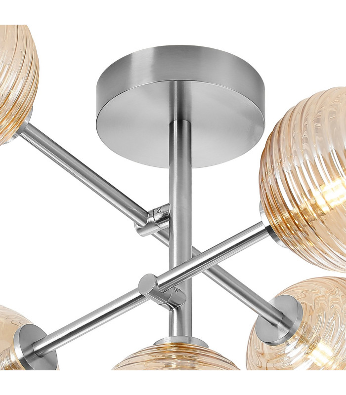 Tivoli Semi Flush Ceiling Tiered Adjustable Arms 5 Light G9 IP44 Polished Chrome/Amber Ribbed Round Glass-6