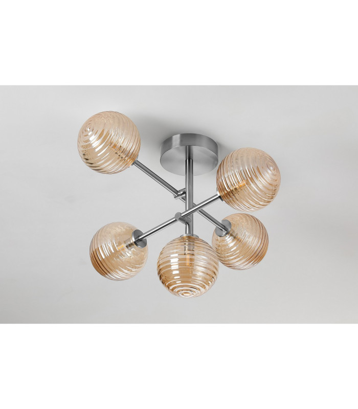 Tivoli Semi Flush Ceiling Tiered Adjustable Arms 5 Light G9 IP44 Polished Chrome/Amber Ribbed Round Glass-8