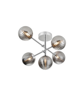 Tivoli Semi Flush Ceiling Tiered Adjustable Arms 5 Light G9 IP44 Polished Chrome/Smoke Ribbed Round Glass-1