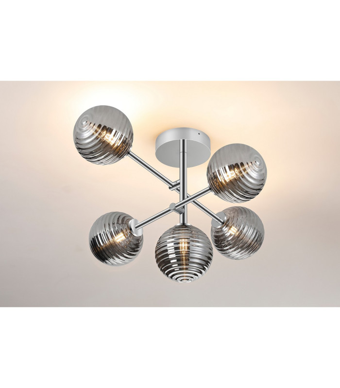 Tivoli Semi Flush Ceiling Tiered Adjustable Arms 5 Light G9 IP44 Polished Chrome/Smoke Ribbed Round Glass-3