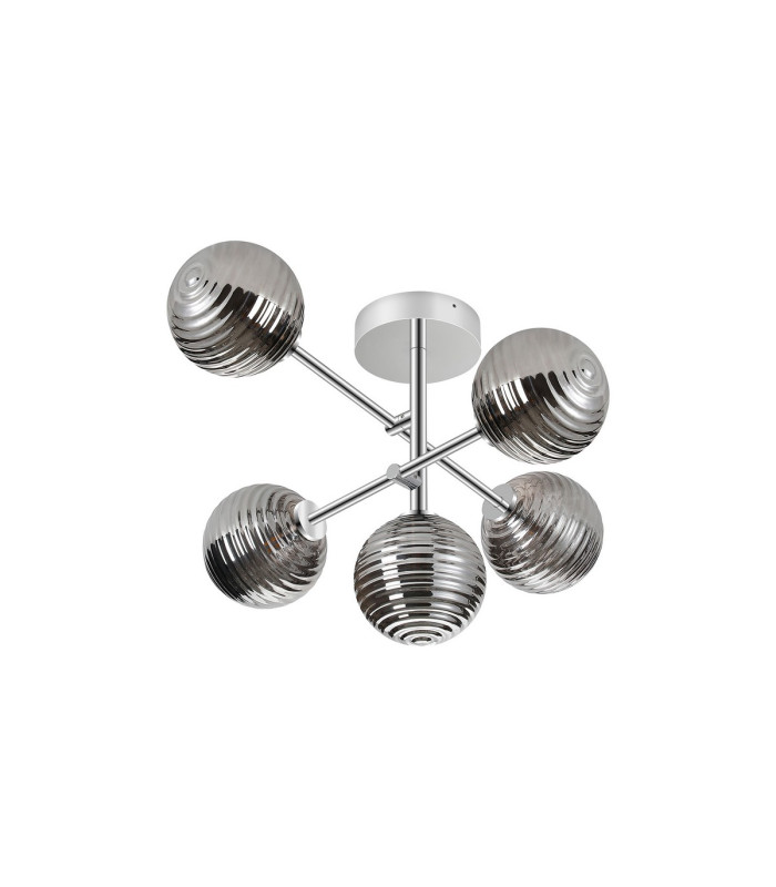 Tivoli Semi Flush Ceiling Tiered Adjustable Arms 5 Light G9 IP44 Polished Chrome/Smoke Ribbed Round Glass-4